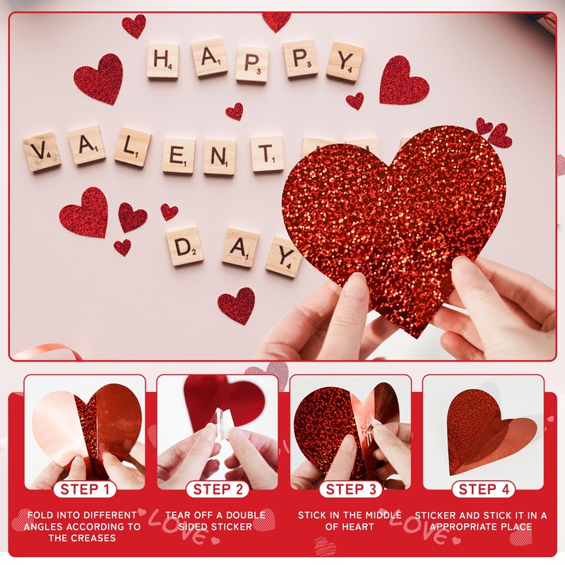 60 Pcs 3D Heart Wall Stickers,Valentine's Day Wall Decorations Waterproof
