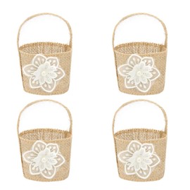 Happyyami Pack of 4 Vintage Flower Girls Jute Basket Wedding Lace Bow Jute Lace Bow Decoration for Wedding Girls Bridal Flower Basket