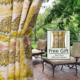 Comlax Outdoor Curtains Waterproof - 132x215 cm Tropical Leaves Printed Garden Thermal Insulation Blackout Drapes Detachable Buckle Tieback for Indoor Window and Outside Porch Pool, Balcony, Gold