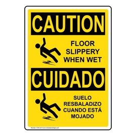 ComplianceSigns.com CAUTION Floor Slippery When Wet - Suelo Resbaladizo Cuando Está Mojado OSHA Safety Sign, 14x10 in. Plastic for Facilities