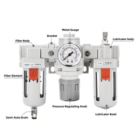 NANPU 3/4" NPT Air Filter, Regulator & Lubricator (FRL) Combo - Water/Oil Trap Separator - Pressure Gauge(0-150 psi), 5 Micron Brass Element, Semi-Auto Drain, Poly Bowl, Metal Bracket