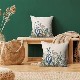 AEIOAE Blue Wildflower Pillow Covers 16 X 16 Inch Set of 2, Floral Farmhouse Outdoor Decorative Throw Pillow Covers Plant Outdoor Pillows for Couch Home Sofa Living Room