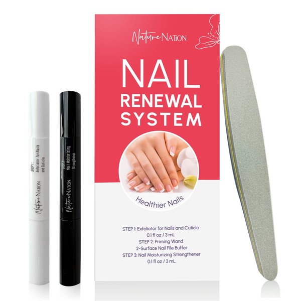 Nail Renewal System - Nail Strengthening and Repair Kit - Nail Strengthener for thin and weak nails, nail repair for damaged nails, Nail Nourishing Products with Exfoliator, Primer, and Moisturizer for Brittle Nails