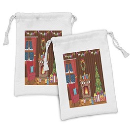 Ambesonne Fireplace Fabric Pouch Set of 2, Christmas in Winter Night Happy Cartoon Noel Inspired Flourish Room, Small Drawstring Bag for Toiletries Masks and Favors, 9" x 6", Multicolor