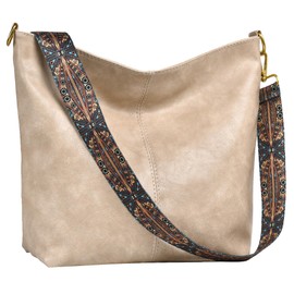 Fashion Hobo Bags for Women Vegan Leather Crossbody Bag with Guitar Strap Shoulder Purses and Handbags (Beige)