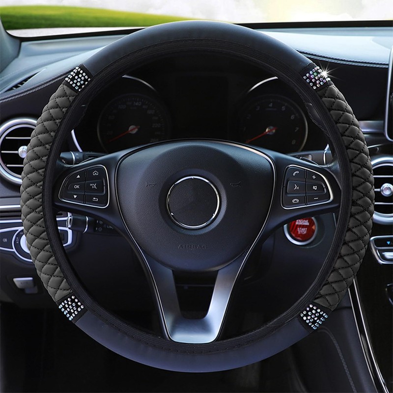 1 Stück Schwarze Auto-Lenkradabdeckung, Autozubehör, Strass-Auto-Lenkradabdeckung, Leder-Lenkradabdeckung, Elastischer Lenkradschutz