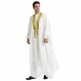 Musuly Men's Kaftan - Traditional Thobe Abaya Djellaba, White and Yellow Gold