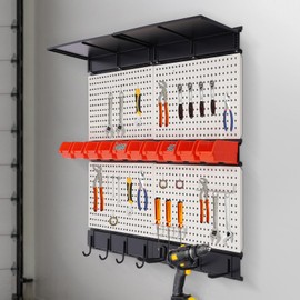 SHOUMANUAL Pegboard Organizer W48 X H36, Wall Organizer Utility Storage Kit with Storage Bins & Hooks & Overhead Shelf for Garage Storage Work Shop
