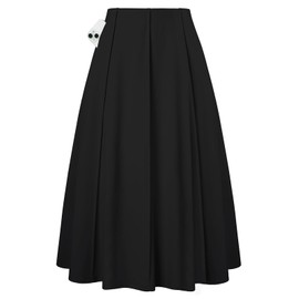 Kate Kasin 2025 Women's Black Pleated Midi Skirt Long High Waisted Knee Length Flowy Aline Casual Teacher Skirts with Pockets
