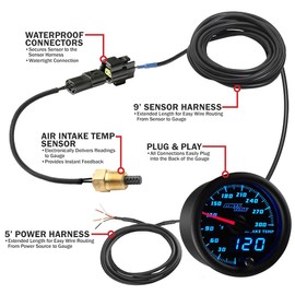 MaxTow Double Vision 300 F Intake Temperature Gauge Kit - Includes Electronic Sensor - Black Gauge Face - Blue LED Illuminated Dial - Analog & Digital Readouts - 2-1/16" 52mm