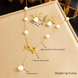 Gold Bow White Pearl Necklace Earrings Jewelry Set for Women Wedding Bridal Bridesmaids Pearl Bowknot Stud Earrings Trendy Bowtie Faux Pearl Beaded Y Necklace Birthday Valentine's Day Gift