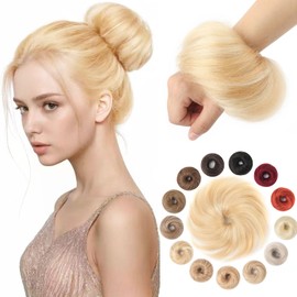 KISANOF Messy Bun Hair Piece 100% Real Human Hair Strawberry Blonde Mixed Bleach Blonde Fluffy Donut Messy Bun with Elastic Band(1 Count #P27-613