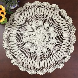 Hetao 100% Cotton Handmade Crochet Round Tablecloth Doilies Lace Table Covers,Beige, 31 Inch