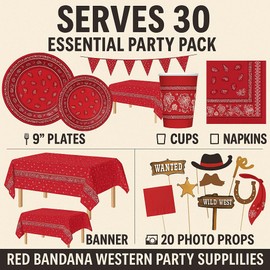 Serves 30 Essential Party Pack Red Bandana Western Party Supplies 9" Plates 7" Plates Cups NapkinBeverage Banner Wild West 20 Photo Props 2 Table Cover Red Bandana Western Birthday Party Supplies
