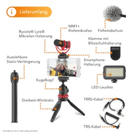 Walimex pro BOYA Smartphone Video Kit VG350 I Video Stabilisator I Video Rig mit Mikrofon, Mini LED Licht, Dreibein Stativ, universellem Smartphone-Halter und Fell-Windschutz I mobiles Vlogging Kit