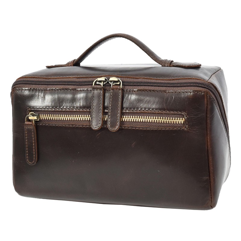 Mens Real Leather Toiletries Wash Shaving Bag Travel Pouch Tripper