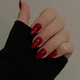 Wine Red Nails Press on, Cherry Red Press on Nails Short Almond Shaped, SXVME Glue on Nails Short Fake Nails, Thick Acrylic False Nails, Glossy Solid Colored Stick on Nails for Women 30Pcs