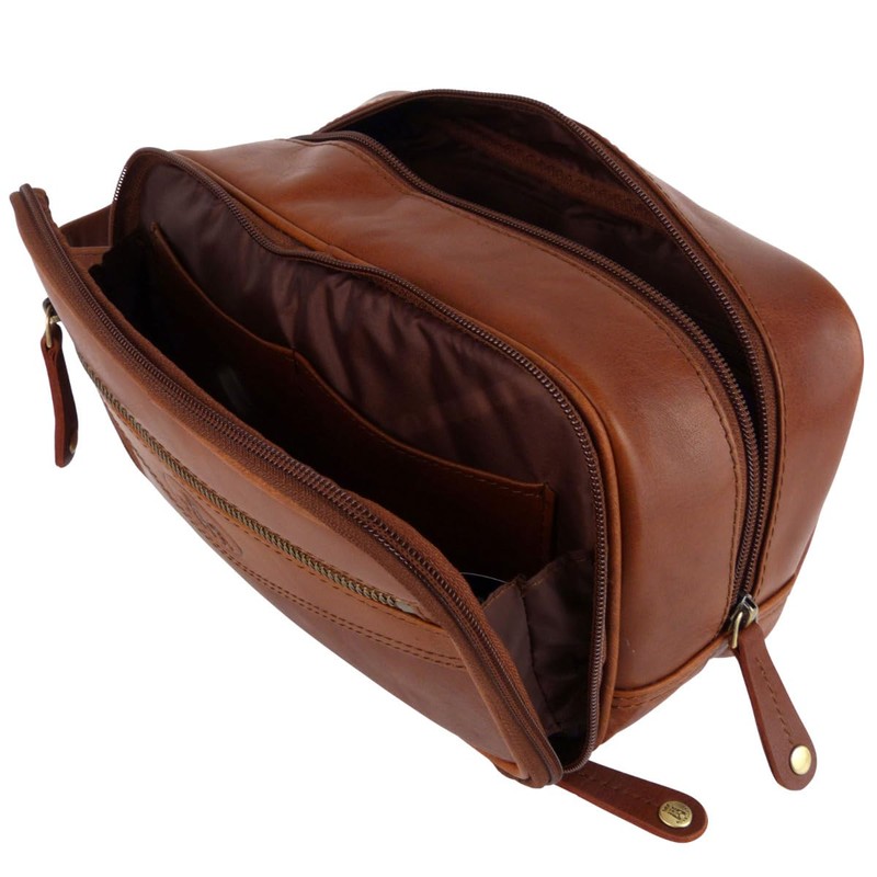 Rowallan of Scotland Mens Compact Leather WashBag Toiletries - Cognac