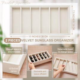Juexica 2 Pcs Velvet Sunglasses Organizer Tray 6 Grid Sunglass Organizer Velvet Tray Stackable Glasses Display Case for Women Glasses Jewelry Display Watch (Beige)