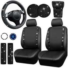 CAR PASS Leather Diamond Bling Seat Covers Sets 11 pcs, Bling Car Accessories Set for Women, Sparkly Rhinestone Steering Wheel Cover Sets, Glitter Cute Car Interior Sets for Women Girl, Black Diamond