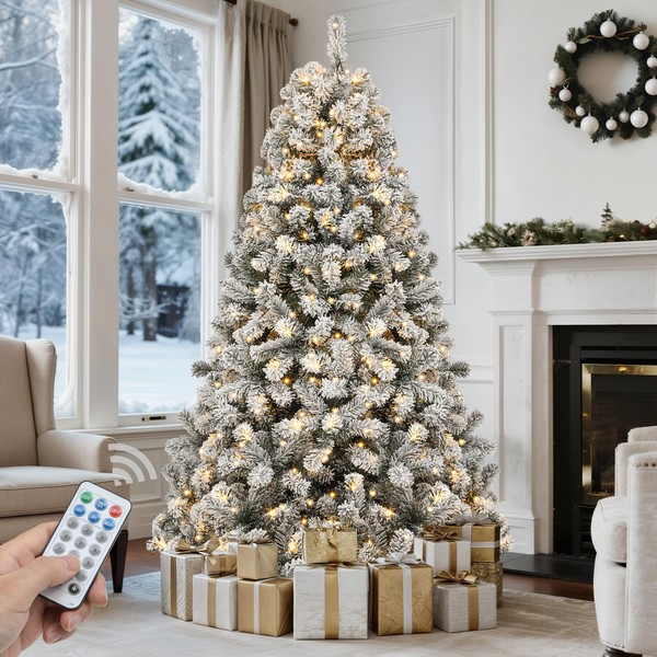 GOOBED Prelit Flocked Christmas Tree 6FT w/Remote, Prelit Snow Flocked