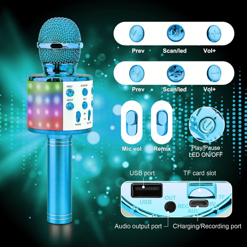 ShinePick Karaoke Microphone, Wireless Bluetooth Microphone Children, Portable 4-in-1 Sing