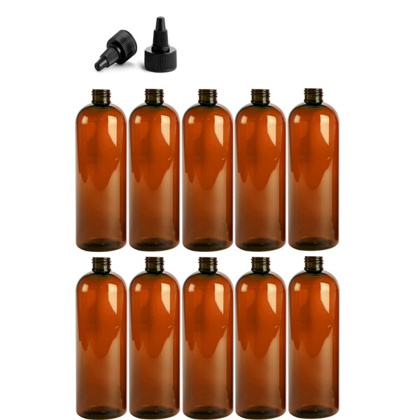 Premium Essential Oil 16 Ounce Cosmo Round Bottles, PET Plastic Empty Refillable BPA-Free, with Black Twist Top Caps (Pack of 10) (Amber)