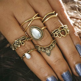 TseenYi Boho Ankle Rings Gold Yoga Lotus Rings Set Stacking Retro Moonstone Joint Rings Vintage Midi Rings Fashion Hand Accessories Jewellery for Women and Girls