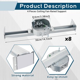 Therwen 8 Pcs Adjustable Fan Electrical Box Brace for Ceiling Fans and Light Fixtures Ceiling Fan Mounting Bracket, 14.2 Inches in Length