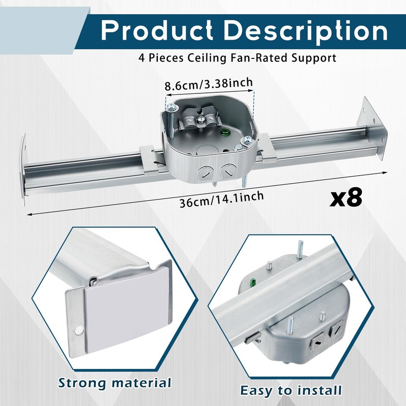 Therwen 8 Pcs Adjustable Fan Electrical Box Brace for Ceiling