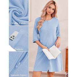 Ekouaer Zip Up Robes for Women Waffle Bathrobe House Dress Lightweight Knee Length Robe(Light Blue,X-Large)