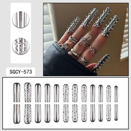 RTKHFZE 24Pcs Extra long Press on Nails Square Fake Nails Metal Silver Plating Full Cover Acrylic False Nails with Designs DIY Xl Glossy Artificial Stick on Nails for Women