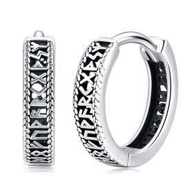 Unisex Creole Earrings Sterling Silver 925 Men's Hoop Earrings Viking Rune Earrings Folding Hoop Earrings Black Small Earrings for Women Men, Sterling Silver, No Gemstone