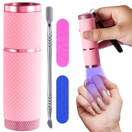 4 Pack Mini Handheld UV LED Nail Lamp Nail Cuticle Pusher with 2 Pieces Files Portable Manicure Tool UV Fingernail Dryer Polish Glue Gel with 9 LED for Woman Home Salon DIY Outside Fast Drying(Pink)