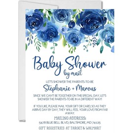 Bright Blue Floral Baby Shower By Mail Invitations, Virtual Baby Shower Invitation Card Sets With Matching Return Address Labels, Far Away Baby Shower Invitations For Boys
