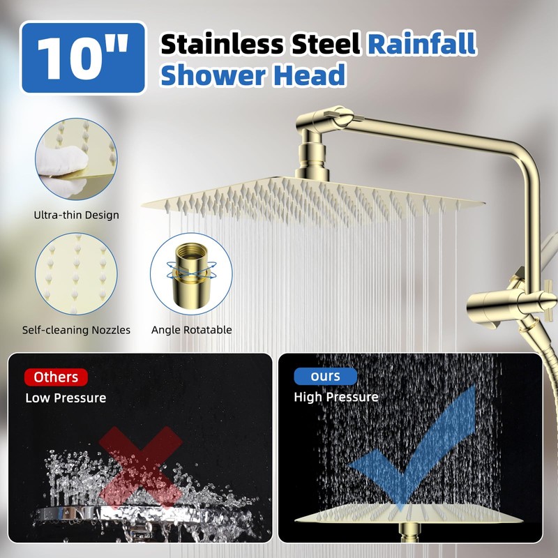 All Metal Shower Head, 10" High Pressure Rainfall/Handheld Shower Combo