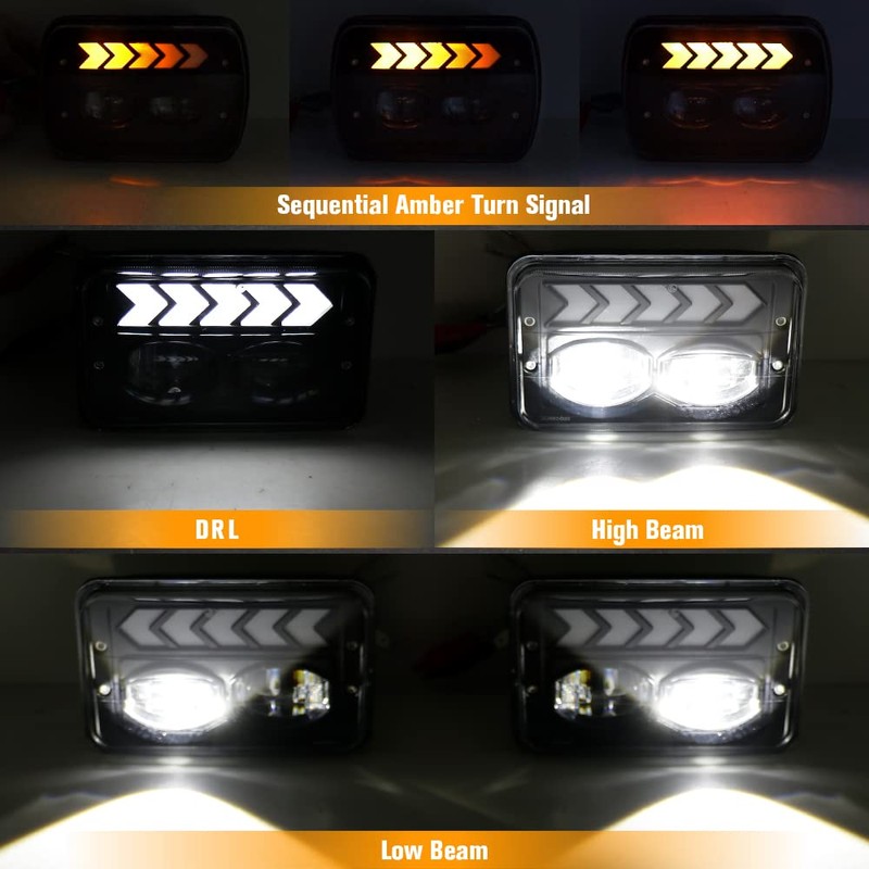 BESTZHEYU 4PCS 4x6'' LED Headlights for Kenworth T800 W900 Freightliner