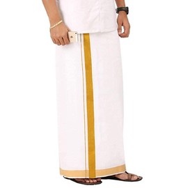 Kolakeer™ Men's Cotton Dhoti with Elegant Kasavu Zari Border - 1.8 Mtrs/4 Mulam/Single Layer South Indian Veshti Mundu (White, 100K Gold Zari), White, 100K Gold Zari