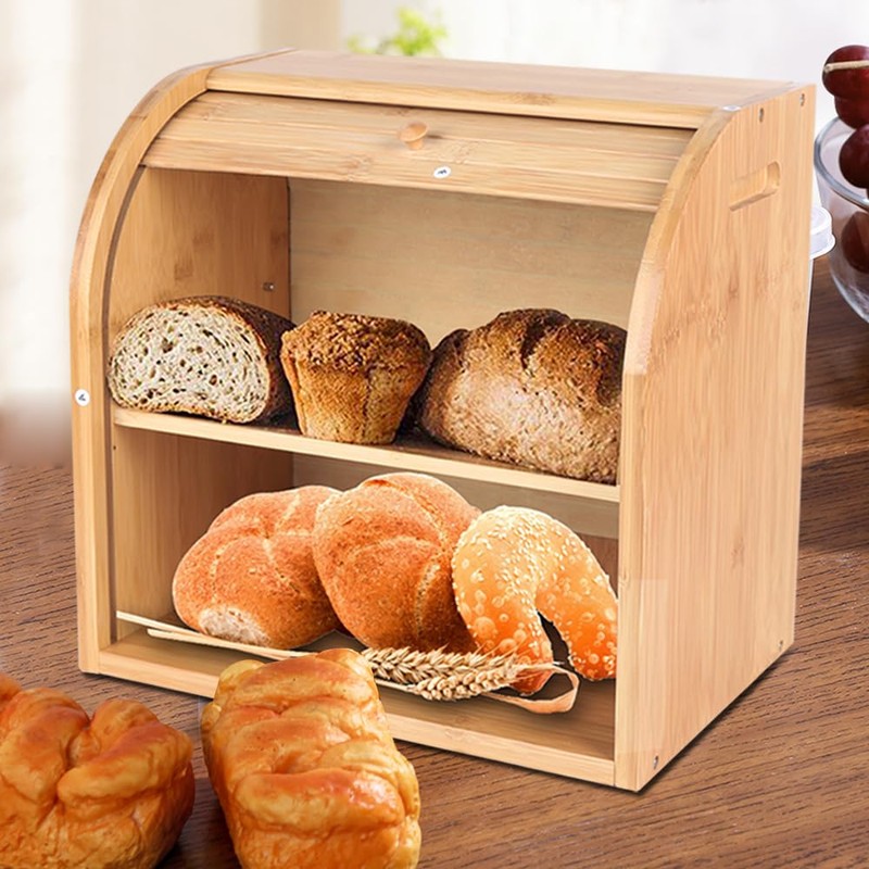 WANLECY Bamboo Bread Box, 2 Layer Bread Bin for Kitchen