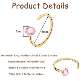 Gold Open Huggie Hoop Earring Stainless Steel Tiny CZ Half Hoop Earrings for Women Hypoallergenic Ball Star Heart Hug Hoop Cartilage Piercing Studs Ear Hugger 6 Pairs (Clear CZ Half Hoops-6 Pairs)