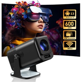 [Android 13 & AI Auto Keystone] 4K Mini Projector with WiFi 6 and Bluetooth, Native 1080P 600 ANSI Outdoor Portable Projector, 270°Rotatable&Zoom Home Movie Projector for Phone Laptop TV Stick HDMI