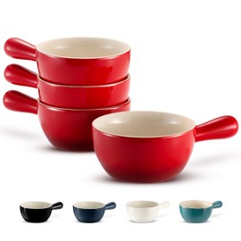Kook French Onion Soup Crocks, Stackable Ceramic Bowls with Handles, Oven, Microwave and Dishwasher Safe, for Cereal, Soups, Casseroles, with Handle, Stoneware, 24 oz, Set of 4, Crimson Ombre
