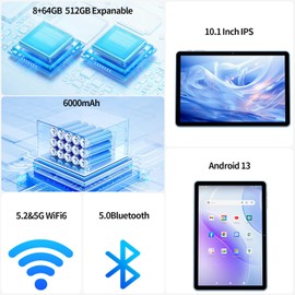 2024 10.1 inch Android 13 Tablets, Octa-Core Processor, 8GB RAM 64GB ROM 512GB Expanable , 6000mAh Battery, HD IPS Touch Screen, 5G/2.4G WiFi6, Bluetooth 5.0, Split Screen, Widget Support (Blue)