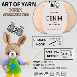 Art of Yarn Denim 55% Cotton,45% Poliacrylic, 4 Skeins Total 200gr (7,055 oz),640m (699 yds),Soft & Smooth Yarn Sport – Fine(2) for Crocheting, Knitting, Amigurumi, Baby Blankets, Baby Garments 99973