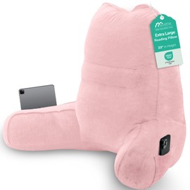 Sasttie Reading Pillow for Bed - 23 Inch, Back Pillow for Bed Sitting Up, Back-Rest Support Cushion with Side Pockets and Arms, Dorm Essentials, Oeko-Tex Certified, Light Pink