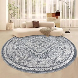 KUTA Oriental Round Rugs 6ft, Grey Blue Round Carpet Washable Rug Circle Rug 6ft, Non-Slip Printed Vintage Medallion Round Rugs for Living Room, Round Dining Rug Circle Kitchen Rug for Indoor Entryway