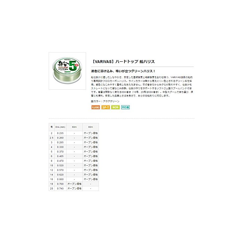 VARIVAS Harris Hardtop Ship Harris Fluorocarbon 80m No. 6 Aqua