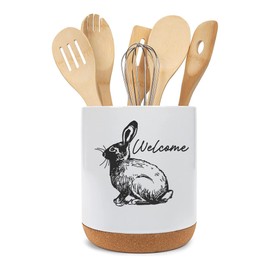 Elanze Designs Welcome Bunny Rabbit Easter Spring Farm X-Large Cork Bottom Ceramic Stoneware Utensil Holder, Spatula Caddy, Crock Container, Kitchen Storage Organizer Home Décor, Crisp White
