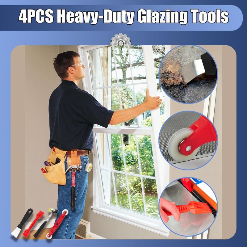 Window Glazing Tool Kit, 4PCS Heavy-Duty Glazing Tools, Red Window
