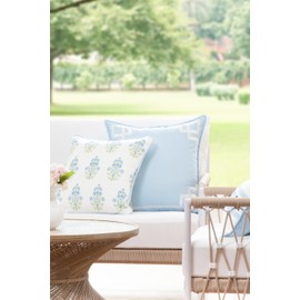Hofdeco Premium Coastal Patio Indoor Outdoor Throw Pillow Cover Only, 18"x18" Water Repellent for Backyard, Couch, Baby Blue Green Floral with Piping